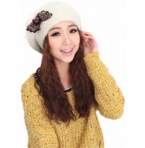 Skullies & Beanies Women's Super Soft Angora Shining Bow Knitted Beanie Cap Hat - White - CO11E51CQWR