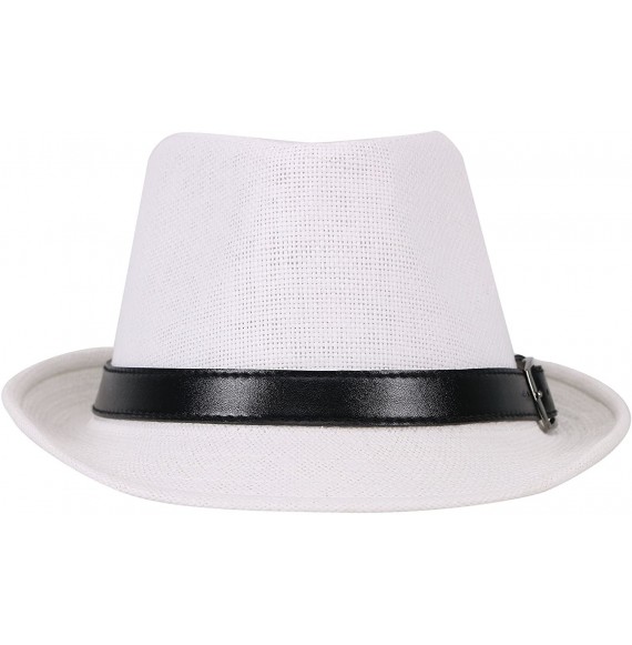 Fedoras Men/Womens Outdoor Casual Structured Straw Fedora Hat w/PU Leather Strap - White Hat Black Belt - C41804LZW5I