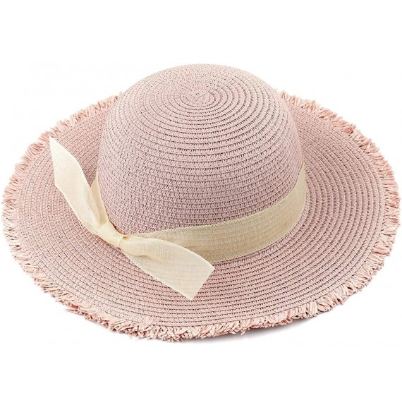 Sun Hats Women Foldable Straw Hat Bowknot Edge Wide Brim Beach Sun Hat - Pink - CB18R2OKIZZ