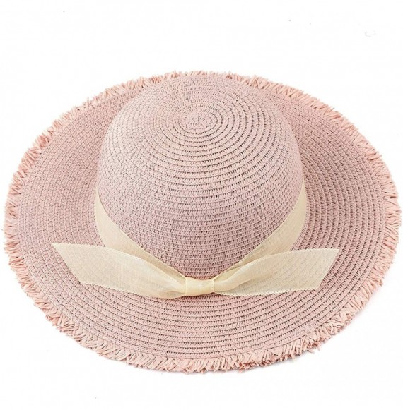 Sun Hats Women Foldable Straw Hat Bowknot Edge Wide Brim Beach Sun Hat - Pink - CB18R2OKIZZ