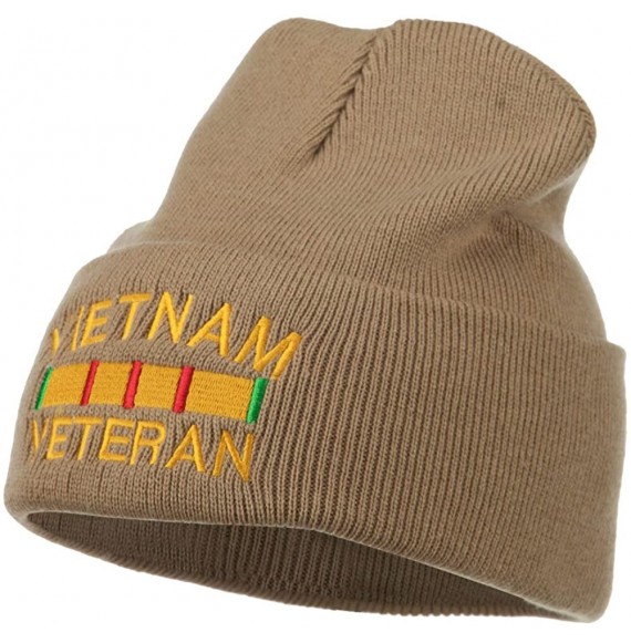 Skullies & Beanies Vietnam Veteran Embroidered Long Knitted Beanie - Khaki - C318WMOWIAQ