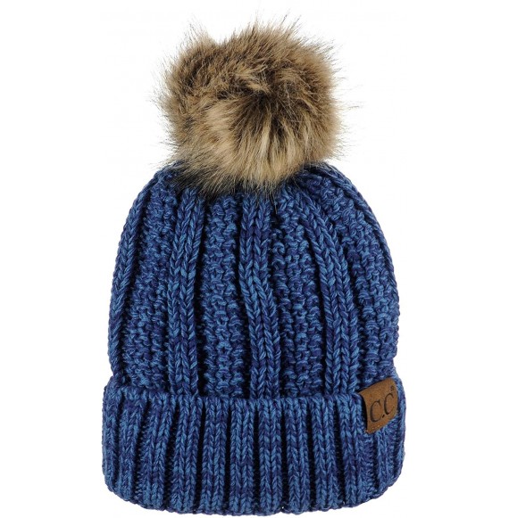 Skullies & Beanies Thick Cable Knit Faux Fuzzy Fur Pom Fleece Lined Skull Cap Cuff Beanie - Blue/Denim - CH18LUDO559