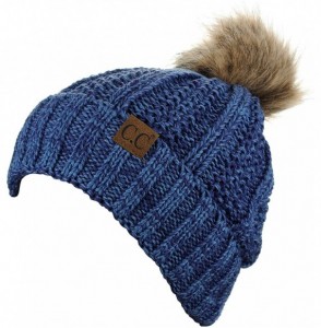 Skullies & Beanies Thick Cable Knit Faux Fuzzy Fur Pom Fleece Lined Skull Cap Cuff Beanie - Blue/Denim - CH18LUDO559