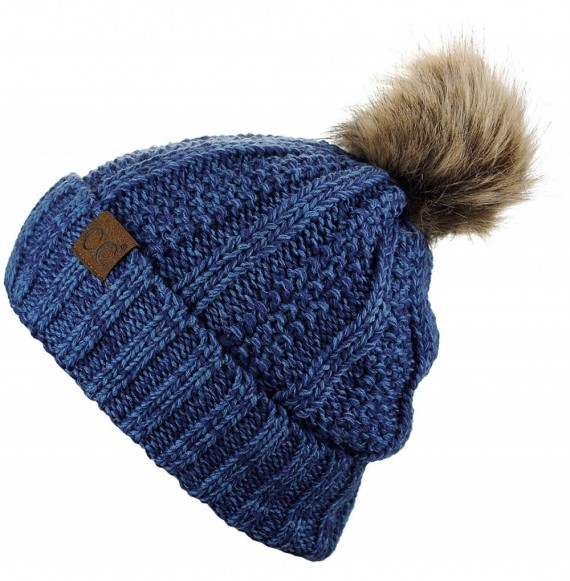 Skullies & Beanies Thick Cable Knit Faux Fuzzy Fur Pom Fleece Lined Skull Cap Cuff Beanie - Blue/Denim - CH18LUDO559