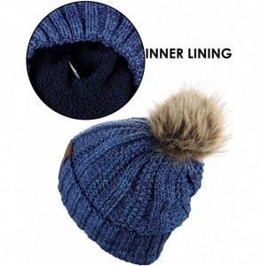 Skullies & Beanies Thick Cable Knit Faux Fuzzy Fur Pom Fleece Lined Skull Cap Cuff Beanie - Blue/Denim - CH18LUDO559