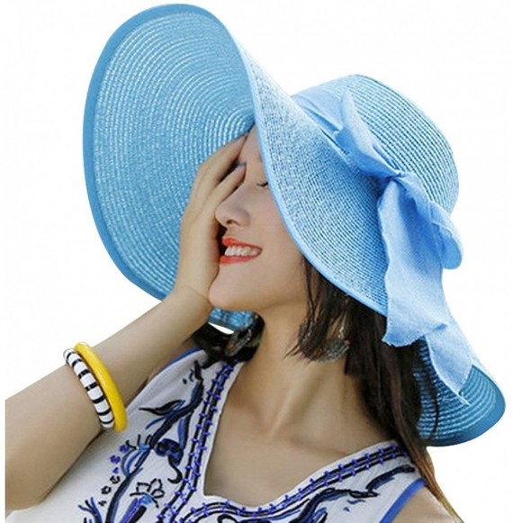 Sun Hats Women's Big Bowknot Straw Sun Hat Floppy Foldable Roll up UV 50+ Beach Cap - Mint Green - C818S5320YG