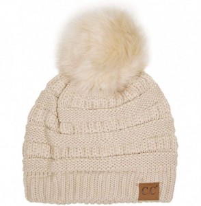 Skullies & Beanies Exclusive Soft Stretch Cable Knit Faux Fur Pom Pom Beanie Hat - Beige - C812MAW9UQO