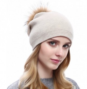 Skullies & Beanies Women Knit Wool Beanie - Winter Solid Cashmere Ski Hats Real Raccoon Fur Pom Pom - 01- Beige - CB18L7HET2I