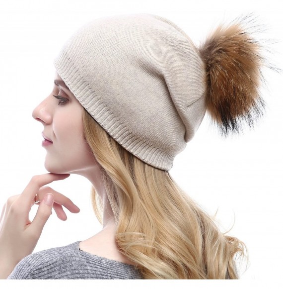 Skullies & Beanies Women Knit Wool Beanie - Winter Solid Cashmere Ski Hats Real Raccoon Fur Pom Pom - 01- Beige - CB18L7HET2I