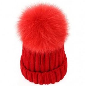 Skullies & Beanies Winter Knit Hat Kids Real Fur Pom Pom Warm Beanie Hat - Red (Real Fox Fur) - CZ18Y2D4GHN