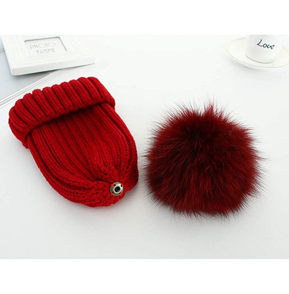 Skullies & Beanies Winter Knit Hat Kids Real Fur Pom Pom Warm Beanie Hat - Red (Real Fox Fur) - CZ18Y2D4GHN