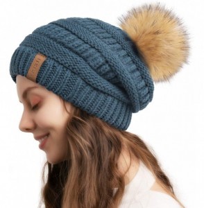 Skullies & Beanies Winter Slouchy Beanie Hats Women Fleece Lined Warm Ski Knitted Pom Pom Hat - 36-black Wood Blue - CK18YU8KCNC