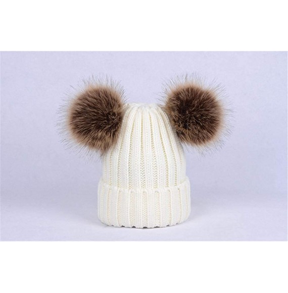 Skullies & Beanies Women Double Pom Pom Beanie Hat Knit with Faux Fur Pompom Ears Winter Soft Skull Ski Cap - White - CW18I4Q...