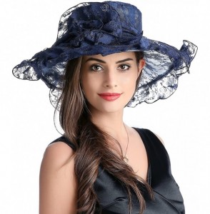 Sun Hats Women's Floppy Wide Brim Sun Beach Hat Kentucky Derby Church Dress Cap - Navy - CF18CT80W2G