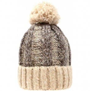 Skullies & Beanies Women's Acrylic Two Tone- Solid Faux Fur Pom Pom with Fleece Lining Beanie Hat - Beige + Brown - C218IKIHNE2