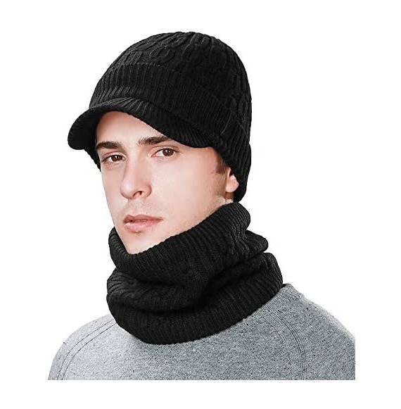 Skullies & Beanies Unisex Knit Beanie Visor Cap Winter Hat Fleece Neck Scarf Set Ski Face Mask 55-61cm - 89210-black Set - CQ...