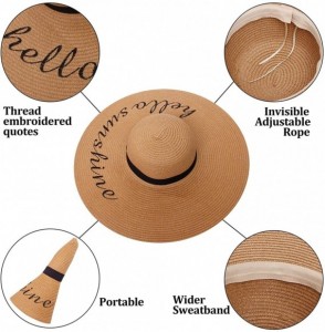 Sun Hats Womens Straw Hat Wide Brim Floppy Beach Cap Adjustable Sun Hat for Women UPF 50+ - Hello Sunshine&khaki - CA1947MX829