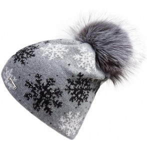 Skullies & Beanies Women's Slouchy Beanie Hat with Fur Pompom Warm Winter Hat - Gray Snowflake( Gray Pompom) - CS185K9WZKC