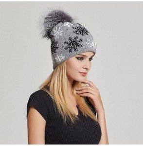 Skullies & Beanies Women's Slouchy Beanie Hat with Fur Pompom Warm Winter Hat - Gray Snowflake( Gray Pompom) - CS185K9WZKC