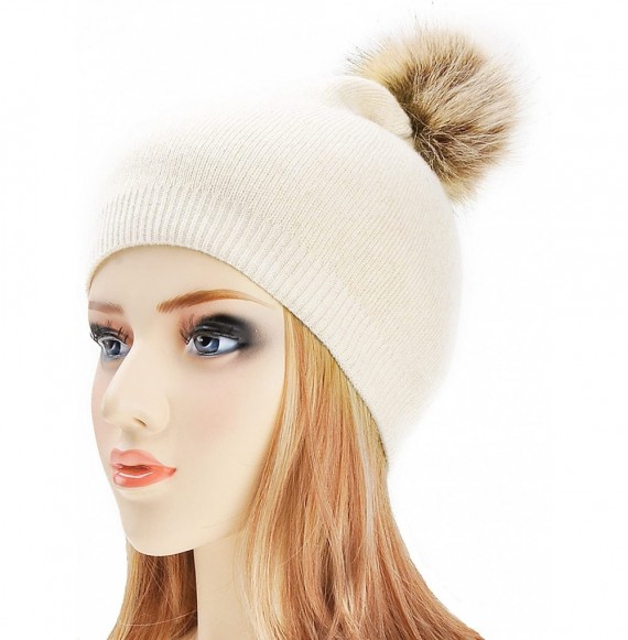 Skullies & Beanies Womens Warm Faux Fur Pom Pom Beanies Hat Winter Skullies Cap for Girls - Beige - C8186XQZ40Z