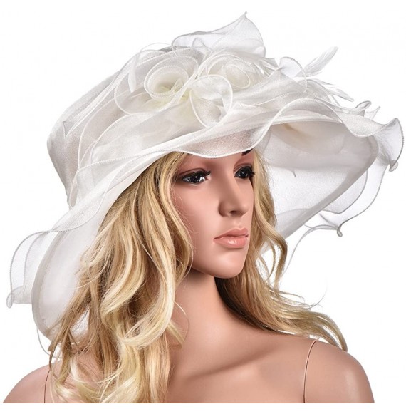 Sun Hats Womens Flower Kentucky Derby Wide Brim Church Dress Sun Hat A341 - Ivory - C712EG43H0H