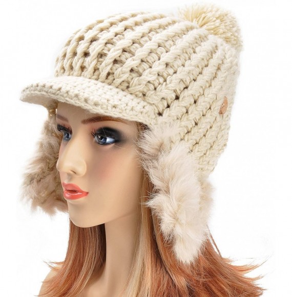 Skullies & Beanies Women Fashion Winter Warm Knitted Short Birm Hat Cap with Rabbit Fur Earflaps - Beige - CT1266XW7VV