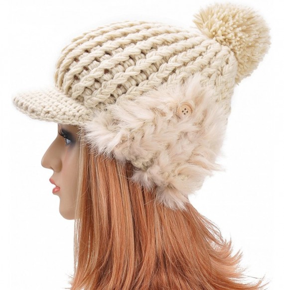 Skullies & Beanies Women Fashion Winter Warm Knitted Short Birm Hat Cap with Rabbit Fur Earflaps - Beige - CT1266XW7VV