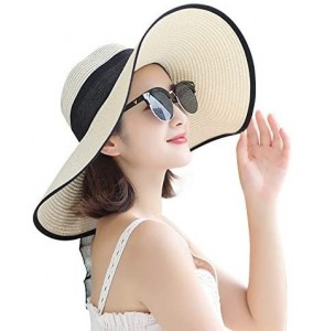 Sun Hats Women's Big Brim Sun Hat Floppy Foldable Bowknot Straw Hat Summer Beachwear Cap- Khaki - Beige - CX18RXL39EQ