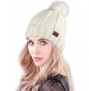 Skullies & Beanies Womens Beanie Winter Hat Slouchy Knit Chunky Faux Fur Warm Linling Poms Hat Bobble Hat Ski Cap - White - C...