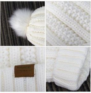 Skullies & Beanies Womens Beanie Winter Hat Slouchy Knit Chunky Faux Fur Warm Linling Poms Hat Bobble Hat Ski Cap - White - C...