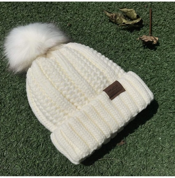 Skullies & Beanies Womens Beanie Winter Hat Slouchy Knit Chunky Faux Fur Warm Linling Poms Hat Bobble Hat Ski Cap - White - C...