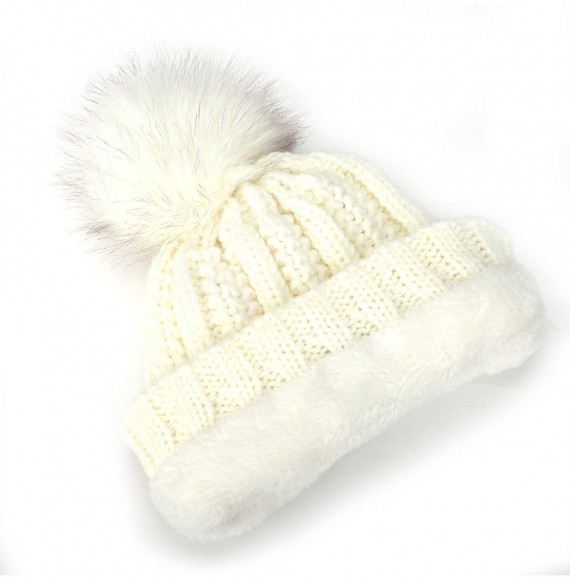 Skullies & Beanies Womens Beanie Winter Hat Slouchy Knit Chunky Faux Fur Warm Linling Poms Hat Bobble Hat Ski Cap - White - C...