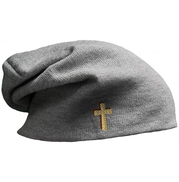 Skullies & Beanies Custom Slouchy Beanie Cone Cross Shadow Brown & Tan Embroidery Cotton - Light Grey - CR18L6HAW6Q