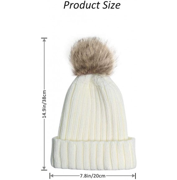 Skullies & Beanies Women Knit Winter Turn up Beanie Hat Faux Fur Pompom Hat for Girls Women - Cream - C618XHO29XG