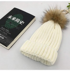 Skullies & Beanies Women Knit Winter Turn up Beanie Hat Faux Fur Pompom Hat for Girls Women - Cream - C618XHO29XG