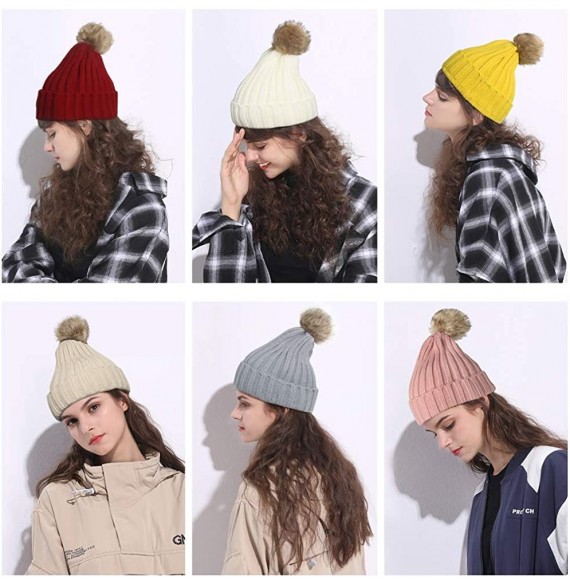 Skullies & Beanies Women Knit Winter Turn up Beanie Hat Faux Fur Pompom Hat for Girls Women - Cream - C618XHO29XG