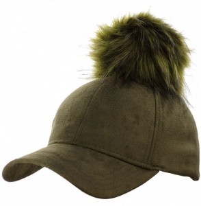 Baseball Caps Celebrity Style Precurved Suede Feel Baseball Cap w/Attachable Pom Pom - Olive - C812NSAJBVL