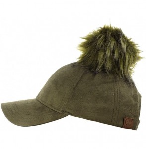 Baseball Caps Celebrity Style Precurved Suede Feel Baseball Cap w/Attachable Pom Pom - Olive - C812NSAJBVL