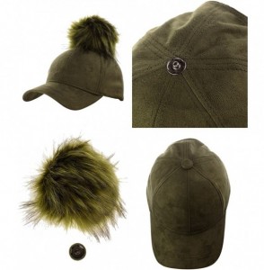 Baseball Caps Celebrity Style Precurved Suede Feel Baseball Cap w/Attachable Pom Pom - Olive - C812NSAJBVL