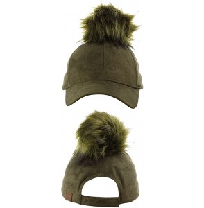 Baseball Caps Celebrity Style Precurved Suede Feel Baseball Cap w/Attachable Pom Pom - Olive - C812NSAJBVL