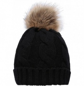 Skullies & Beanies Women's Winter Ribbed Knit Faux Fur Pompoms Chunky Lined Beanie Hats - A Twist Black - CA184RQ0LQE