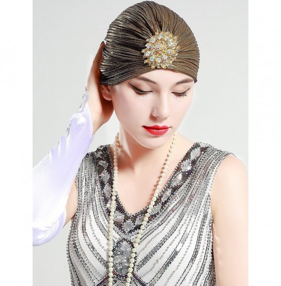 Skullies & Beanies Women's Ruffle Turban Hat Knit Turban Headwraps with Detachable Crystal Brooch for 1920s Gatsby Party - Da...