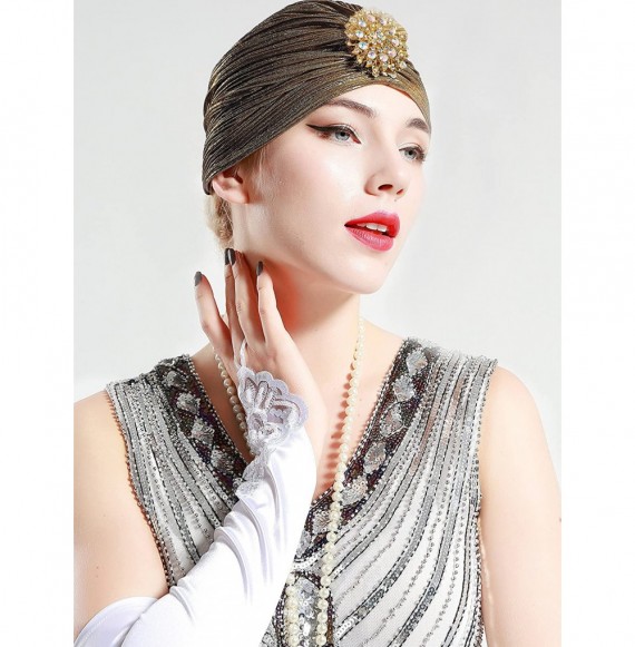 Skullies & Beanies Women's Ruffle Turban Hat Knit Turban Headwraps with Detachable Crystal Brooch for 1920s Gatsby Party - Da...