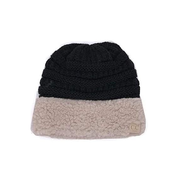 Skullies & Beanies C.C Unisex Soft Stretch Cable Knit Fuzzy Beanie Sherpa Trim - Black/Taupe - CJ18RLEX5KD