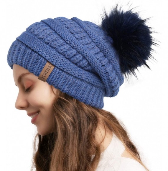 Skullies & Beanies Womens Winter Knit Slouchy Beanie Hat Warm Skull Ski Cap Faux Fur Pom Pom Hats for Women - 12- Blue With N...