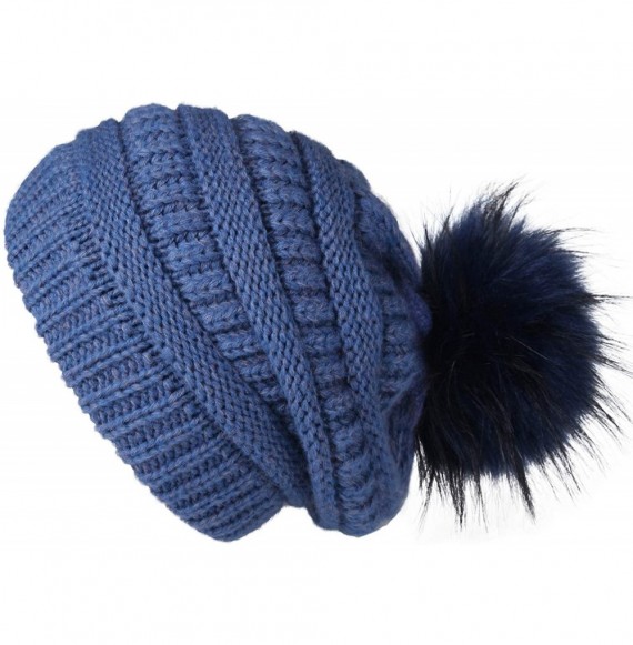 Skullies & Beanies Womens Winter Knit Slouchy Beanie Hat Warm Skull Ski Cap Faux Fur Pom Pom Hats for Women - 12- Blue With N...