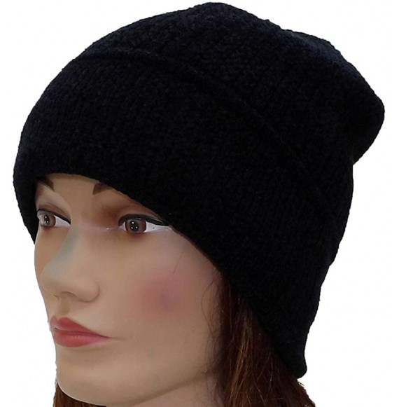 Skullies & Beanies Women Chenille Solid Skull Cap W/Fleece Lining(Small) - Black - CH11Q5DBR5F