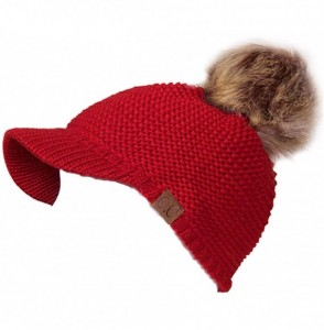 Skullies & Beanies Women's Exclusive Knitted Brim Visor Beanie with Fur Pom Pom - Red - CN12K7GGBXN