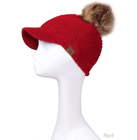 Skullies & Beanies Women's Exclusive Knitted Brim Visor Beanie with Fur Pom Pom - Red - CN12K7GGBXN