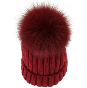 Skullies & Beanies Winter Knit Hat Kids Real Fur Pom Pom Warm Beanie Hat - Wine Red (Real Fox Fur) - CY18XZTAIK5